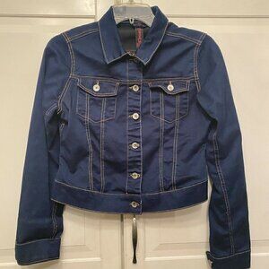 Almost Famous Denim Jean Jacket Womens Size Medium‎ Dark Wash Adjustable Waist
